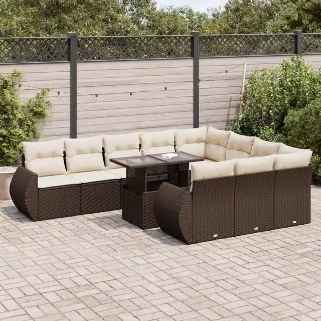 Set di divani da giardino vidaXL composto da 11 pezzi con cuscini in rattan marrone e bianco per esterno e terrazza – 1