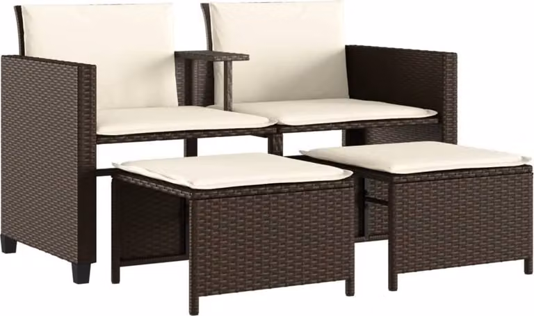 Divano Giardino 2Posti con Tavolo e Sgabelli Marrone Polyrattan