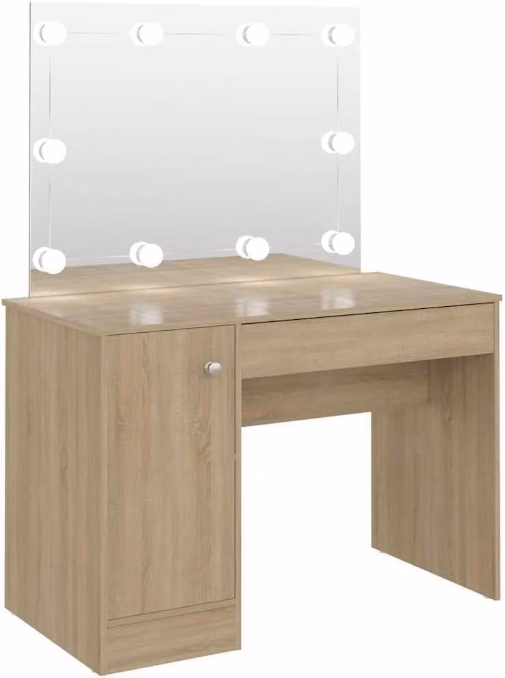 Scrivania da trucco con illuminazione a LED, dimensioni 110x55x145 cm, realizzata in MDF grigio, stile moderno