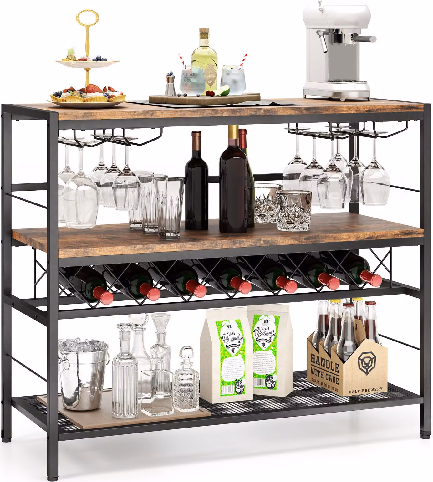 COSTWAY Portabottiglie a 4 livelli, tavolo wine bar da 104 cm con cantinetta e 4 file di portabicchieri, 7 bottiglie e 16 bicchieri Brown