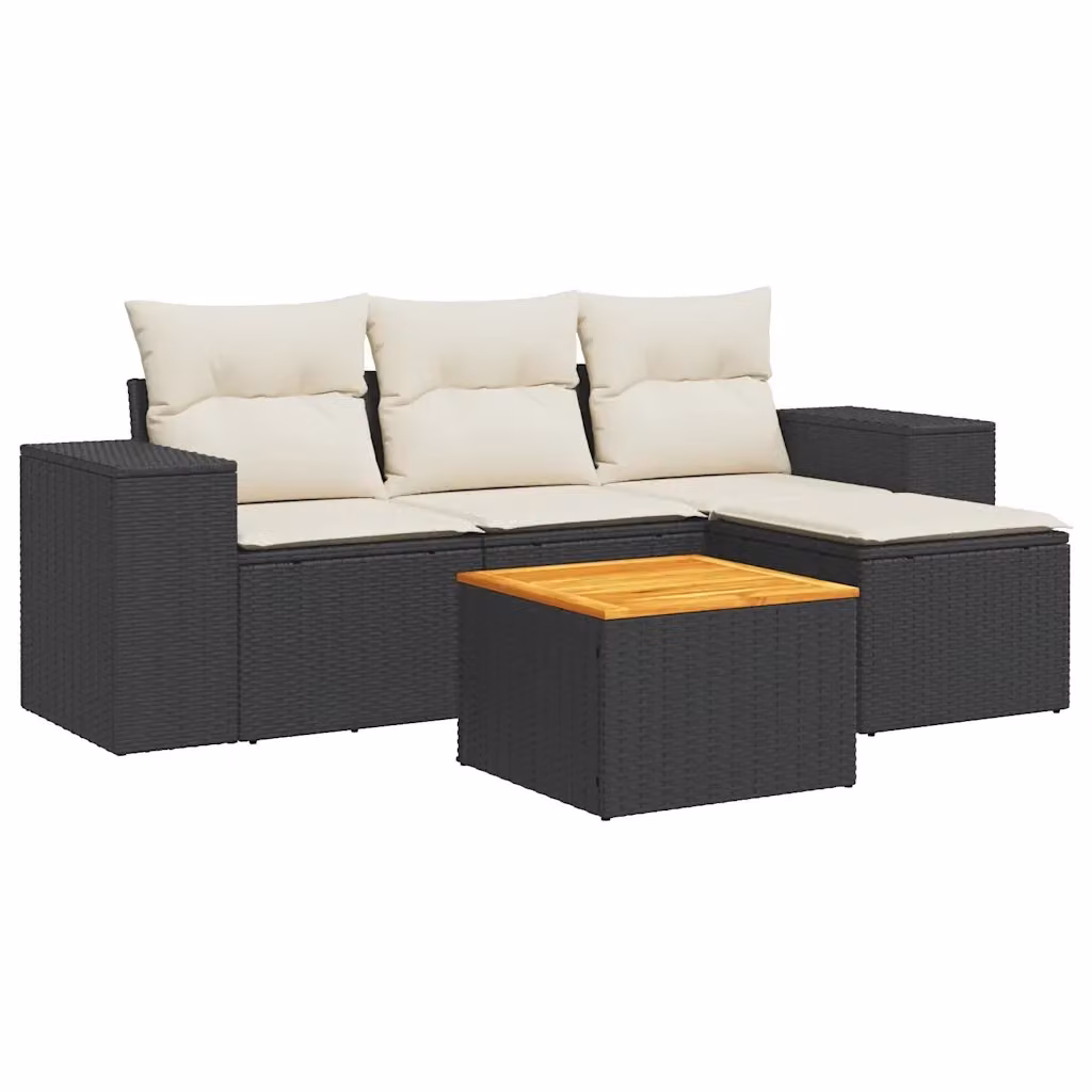 vidaXL Set Divani da Giardino a L 5 pz in Polyrattan Nero con Cuscini e Tavolino da Esterno – 2