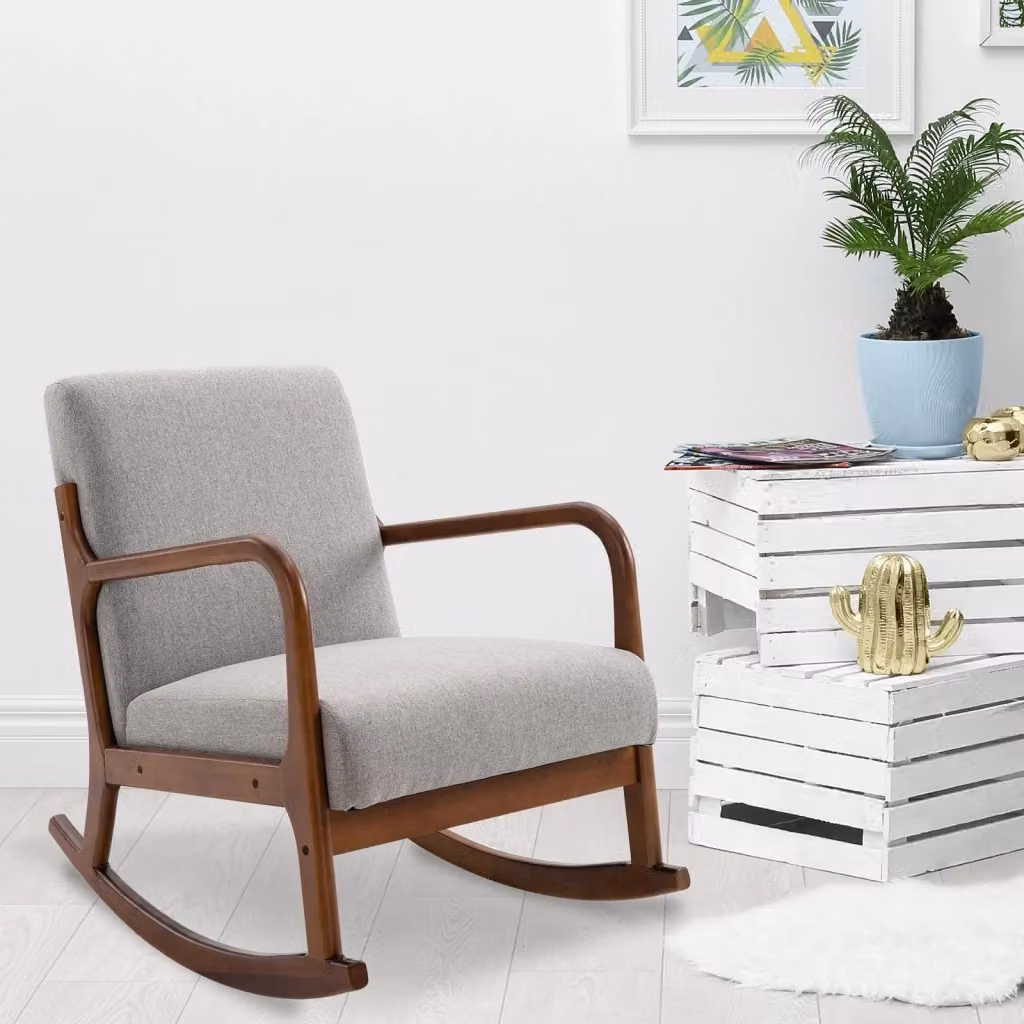Poltrona a Dondolo Benzoni in Legno e Tessuto Grigio e Beige L 64 cm, P 86 cm, H 80 cm – 2