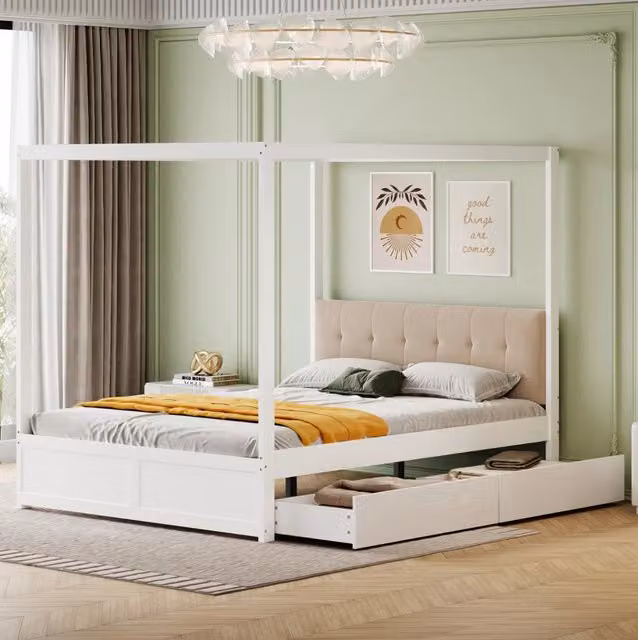 Letto a baldacchino 140x200 cm con ampi cassetti e testiera imbottita, struttura in legno bianca