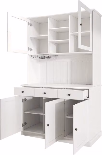 Buffet alto 120×40×191 cm in truciolato con ante in vetro, portabicchieri integrato e prese USB-C/USB-A, maniglie bicolore bianco e nero