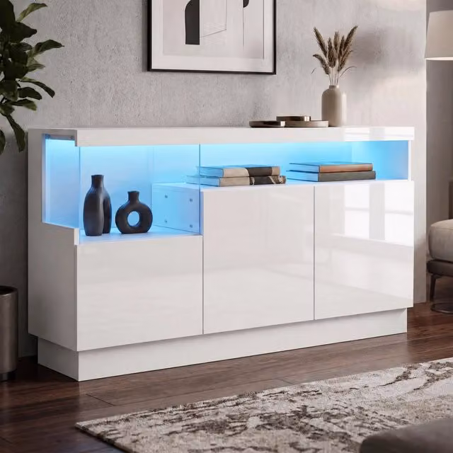 Credenza FOLYNA bianca con 3 ante, vano espositivo in acrilico e illuminazione LED controllabile tramite app, L: 140 cm, P: 36 cm, H: 80 cm