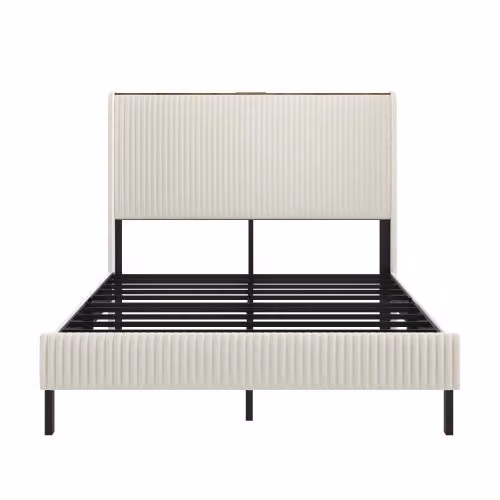 Letto imbottito AIORBER 140x200cm con tessuto a coste, contenitore, struttura in metallo, USB e LED, silenzioso e stabile, letto a piattaforma moderno, beige crema