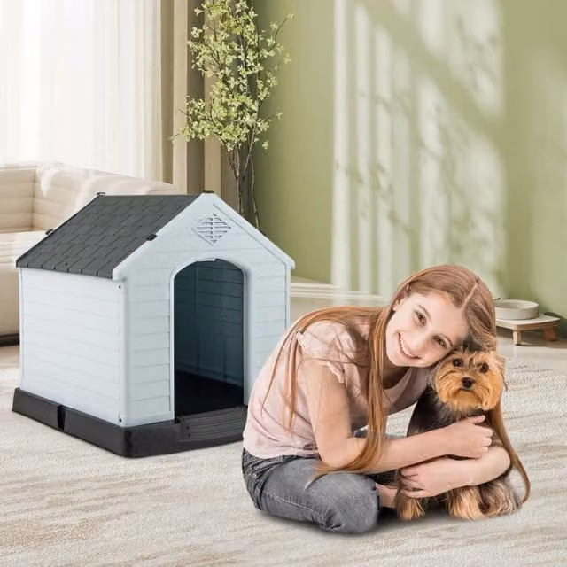 Casetta per cani impermeabile e ventilata con pavimento rialzato e tetto rimovibile, Grigio