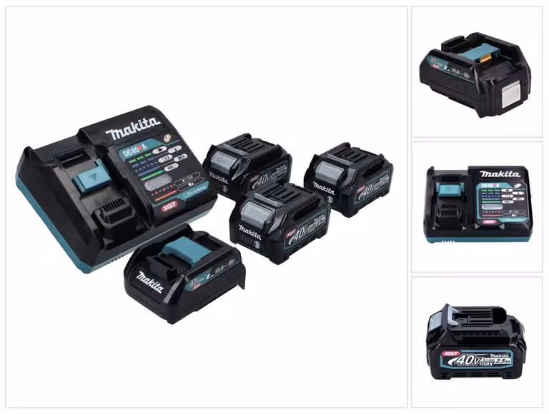 Kit alimentatore Makita 40 V max. con 3 batterie BL 4025 da 2,5 Ah (3x 191B36-3) + Caricabatterie rapido DC 40 RA ( 191E07-8 ) + Adattatore di ricarica ADP10 LXT su XGT 14,4 V 18 V ( 191C10-7 )