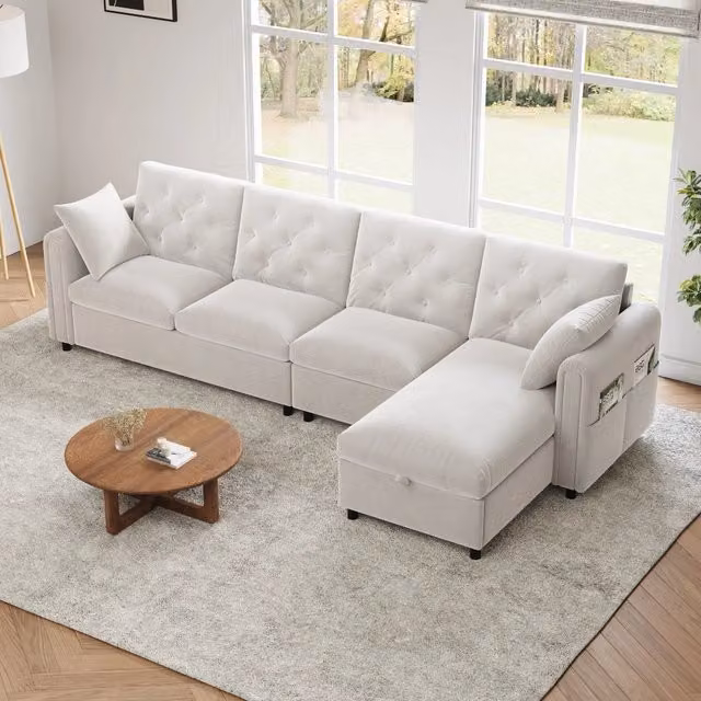 Divano angolare a L beige con contenitore e funzione letto, reversibile, 4 posti, L 281 cm x P 169,3 cm x H 86 cm