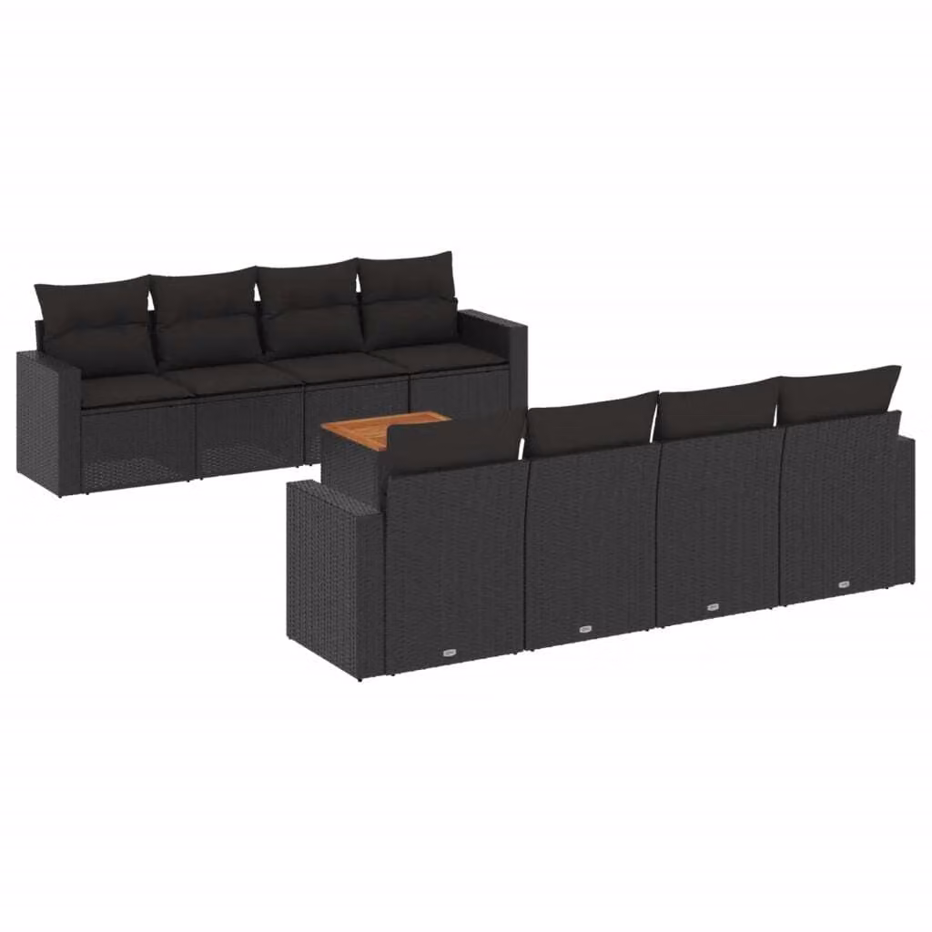 Set Divani da Giardino 9 pz con Cuscini Nero in Polyrattan