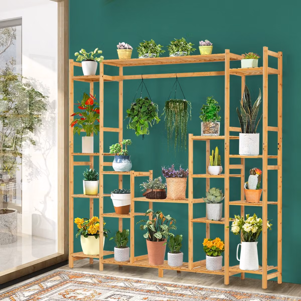 Scaffale per piante Costway in bambù a 9 livelli con barra per appendere, colore naturale, L/P/H: 167 x 30 x 166 cm