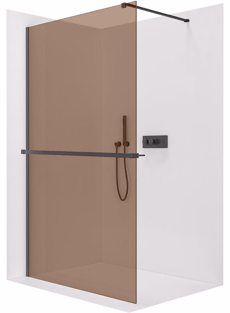 Pannello doccia walk-in Onyx Cube, versione sinistra/destra - 8 mm + ripiano/portasciugamani - struttura quadrata - nero opaco, vetro bronzato - 60x200 cm