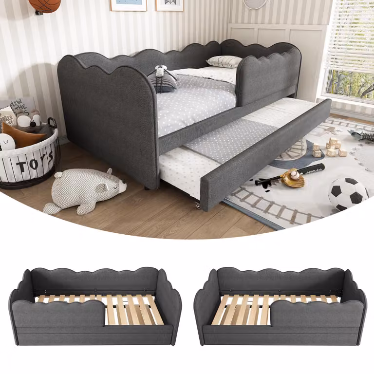 Letto imbottito daybed 90x190cm, divano letto daybed con letto estraibile 90x190cm, letto per bambini con rete a doghe, lino, grigio, senza materasso