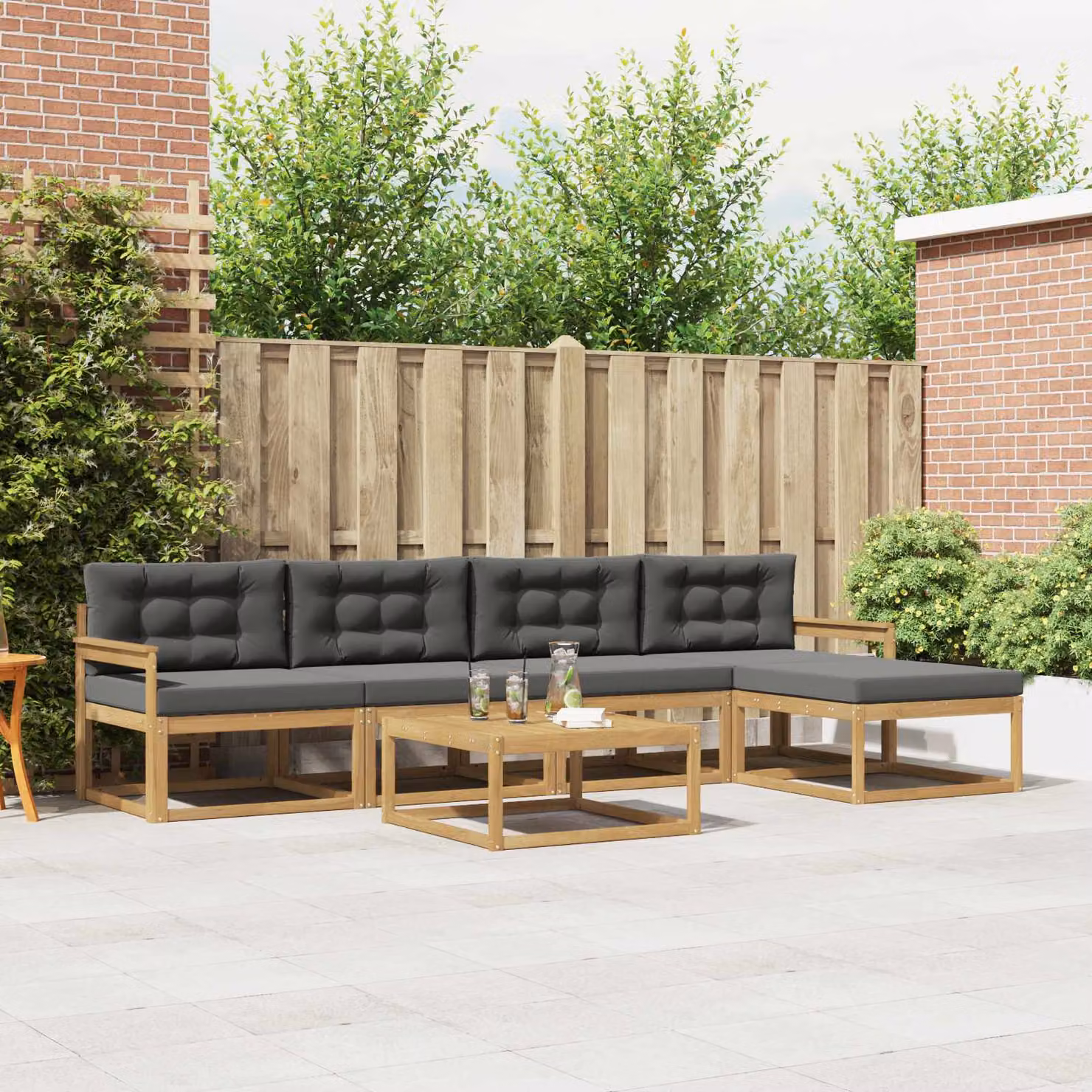 vidaXL Set di divani da esterno a L composto da 6 pezzi in legno di acacia con cuscini, bianco e antracite