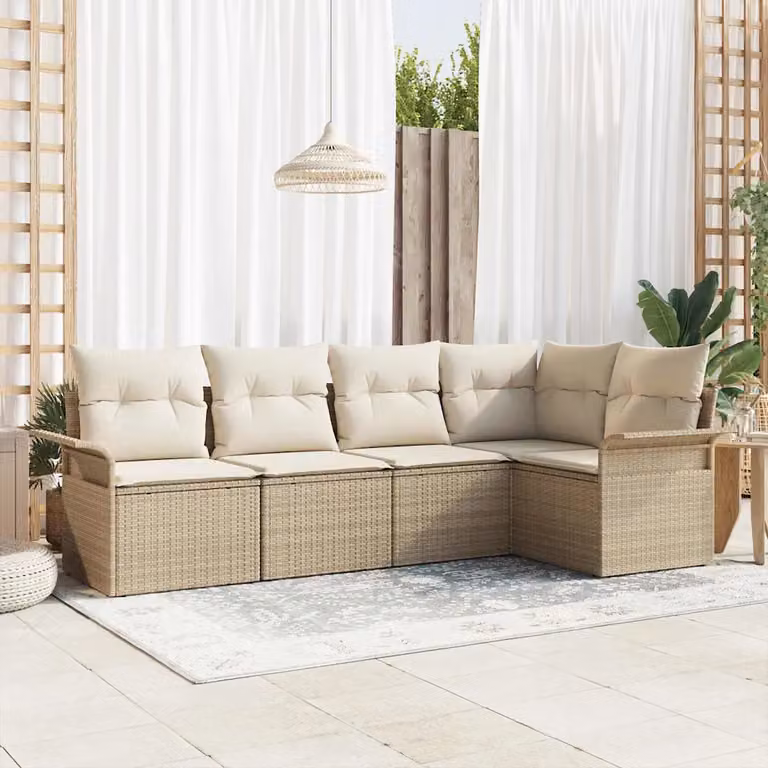 Set Divano da Giardino a L vidaXL 5 pz Beige con Cuscini e Contenitore per Archiviazione in Polyrattan e Acciaio