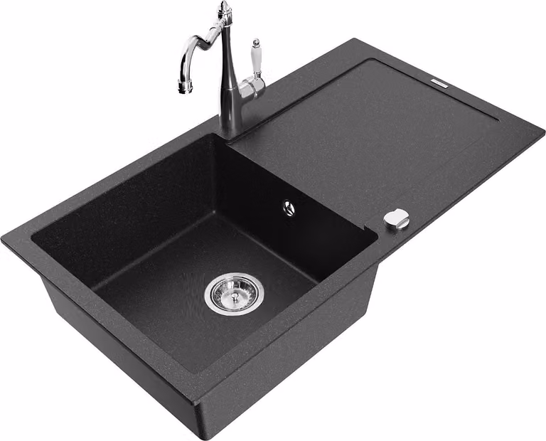 Mexen Leo lavello in granito a 1 vasca con sgocciolatoio e rubinetto da cucina Carla, nero/argento metallizzato