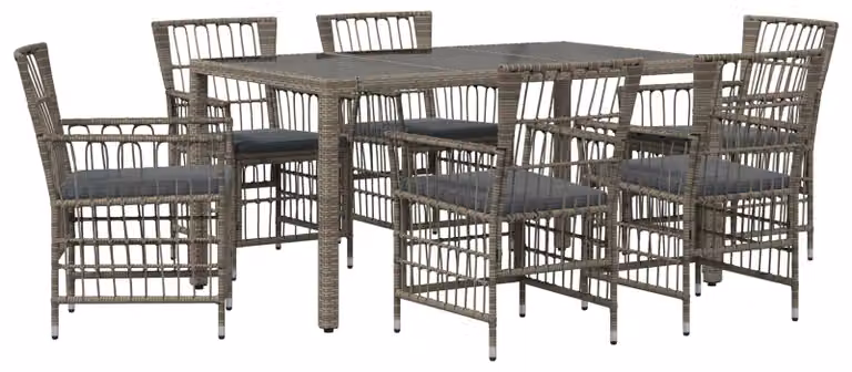 Set da esterno per 7 persone, colore grigio, realizzato in rattan sintetico