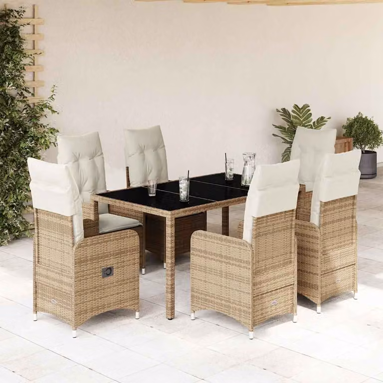 Set da bistrò da giardino vidaXL in polyrattan con cuscini beige e piano in vetro per terrazzo o balcone, 7 pezzi