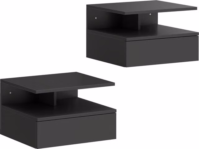 Set di 2 Comodini Sospesi HOMCOM con Cassetto e Mensola Aperta, Nero, L 35 cm x P 32 cm x H 22,5 cm
