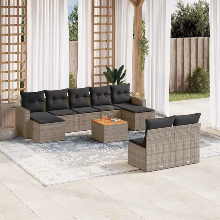 Set Divano da Giardino vidaXL 10 pz in Polyrattan Grigio con Cuscini e Tavolino
