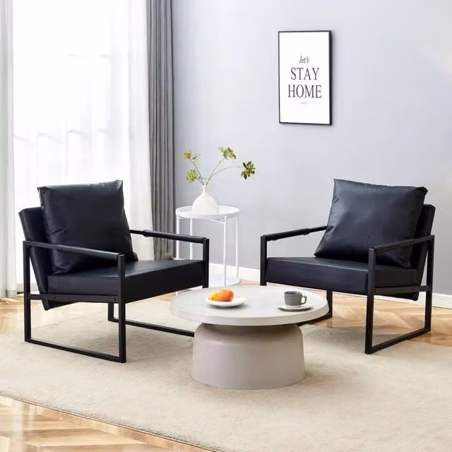 Poltrona moderna REDOM in pelle sintetica nera con struttura in metallo nero L: 79 cm, P: 65 cm, H: 28 cm – 1