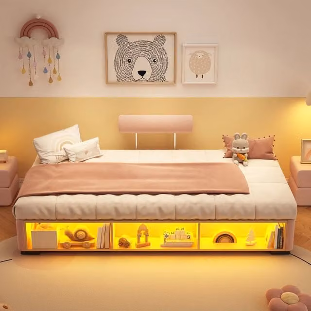 Letto per bambini imbottito 90 × 200 cm con scaffale laterale LED in velluto francese rosa