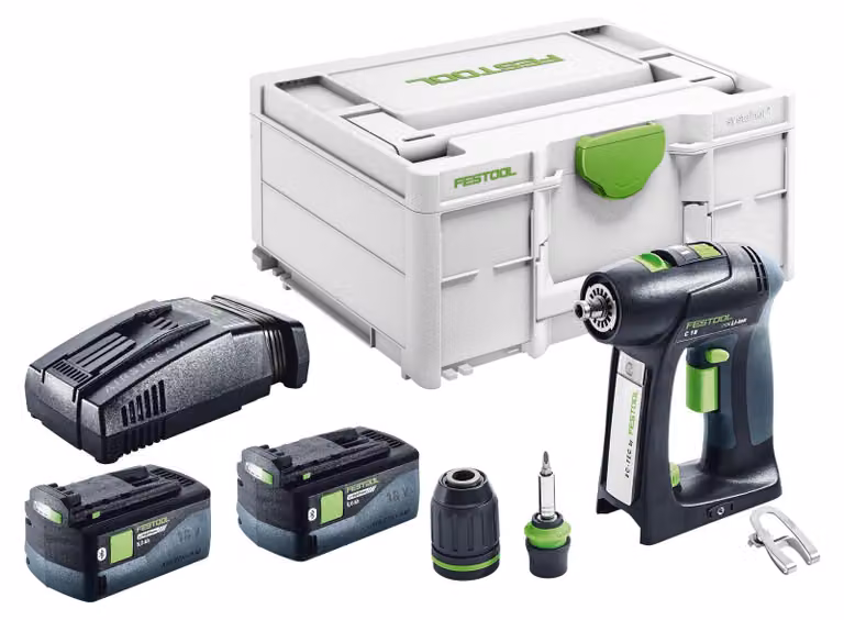 Trapano avvitatore a batteria Festool C 18-Basic 18 V 45 Nm Brushless + 2 batterie da 5,0 Ah + caricabatterie rapido + Systainer
