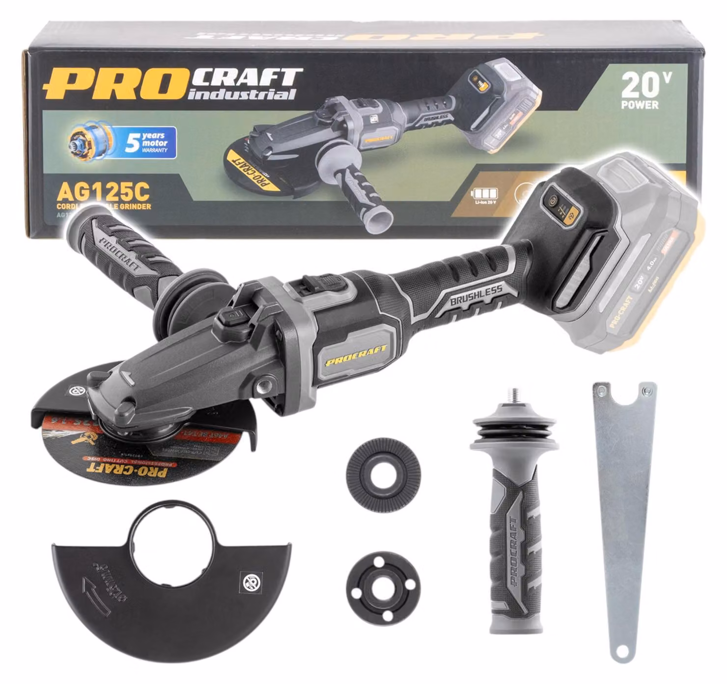 Procraft Industrial AG125Cbb Smerigliatrice angolare a batteria a testa piatta 20 V 125 mm Brushless Solo - senza batteria, senza caricabatterie