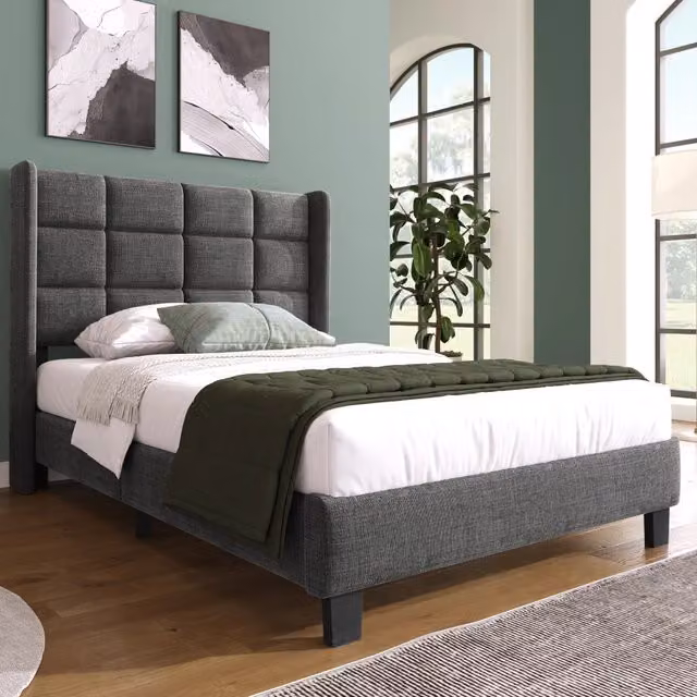 Letto imbottito dal design moderno con testiera imbottita. Letto singolo con rete a doghe, 90x200 cm, in lino grigio, media rigidit¨¤ (senza materasso)