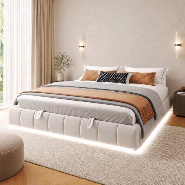 Letto Contenitore REDOM con Illuminazione LED, Beige, L/P: 180 x 200 cm