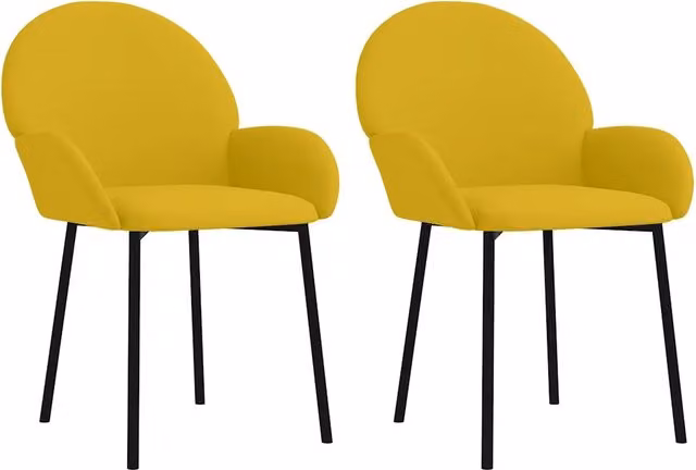 Set di 2 sedie da pranzo e cucina moderne in velluto giallo con braccioli e struttura in metallo