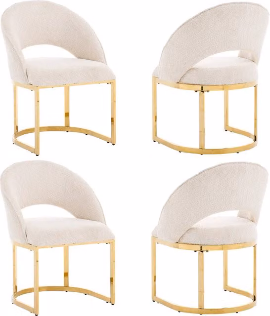 Set di 4 sedie da pranzo - con seduta curvata e gambe metalliche - in bouclé beige oro