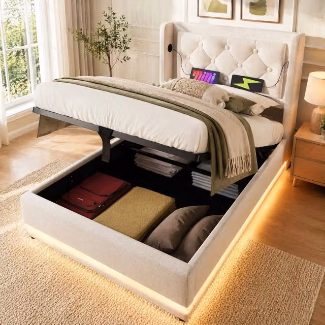 Letto imbottito REDOM beige con contenitore, porta USB Tipo C e illuminazione LED, L/P/H: 90 x 200 cm