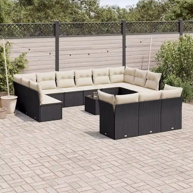 Set di divani da giardino VIDAXL in polyrattan nero con cuscini, design moderno a forma di U, 14 pezzi