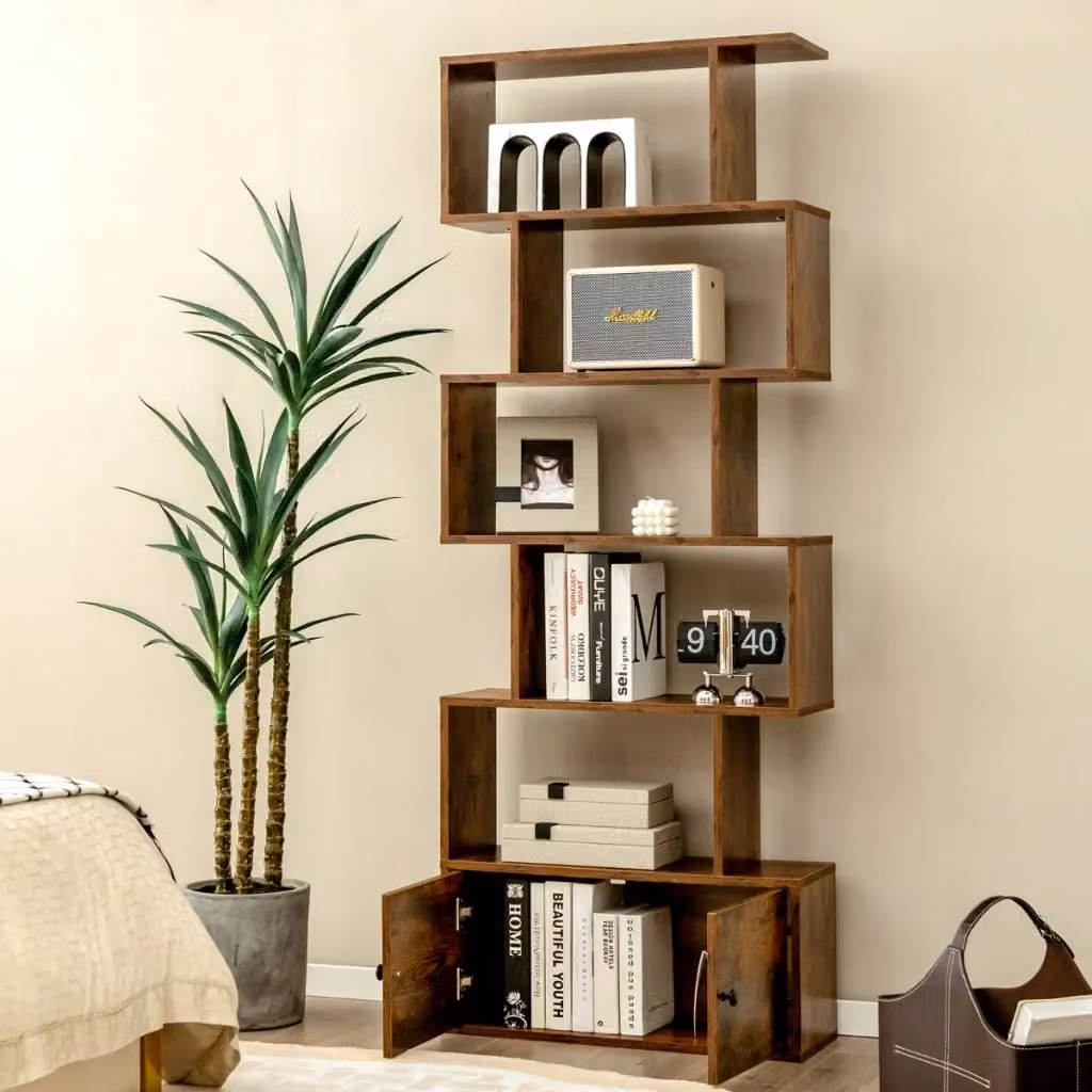 Libreria decorativa a forma di S con 5 livelli e ante in legno marrone DESIGN IN – 2