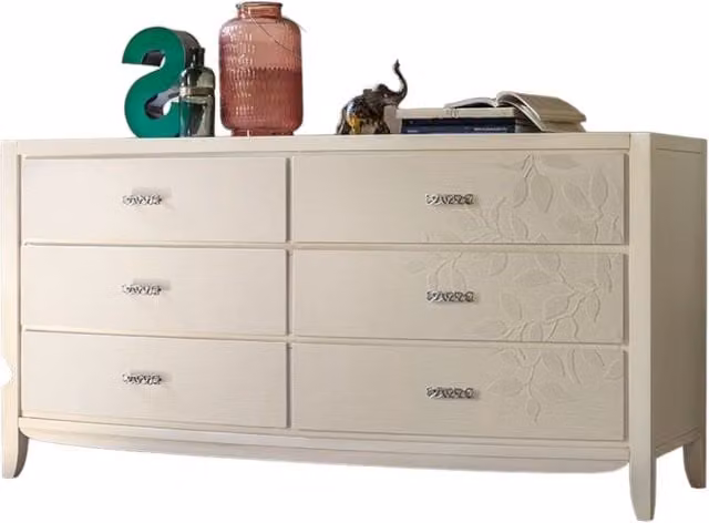 Cassettiera Mobili 2G con 6 cassetti in legno massello con decoro floreale bianco L: 180 cm, P: 56 cm, H: 90 cm