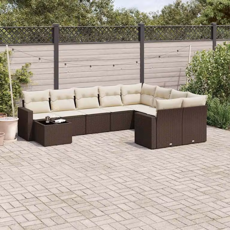 vidaXL Set Divani da Giardino a Forma di L con Cuscini e Tavolino, Polyrattan Marrone e Bianco