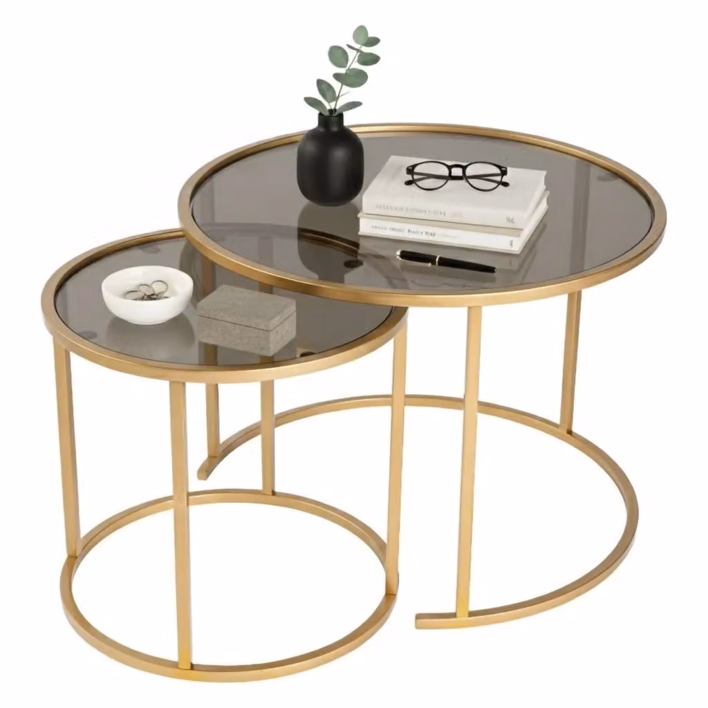 Set di 2 Tavolini da Salotto Xaden DMORA, Design Moderno con Piano in Vetro Trasparente e Struttura in Metallo Oro e Bronzo, L/P/H: 60 x 60 x 43 cm – 2