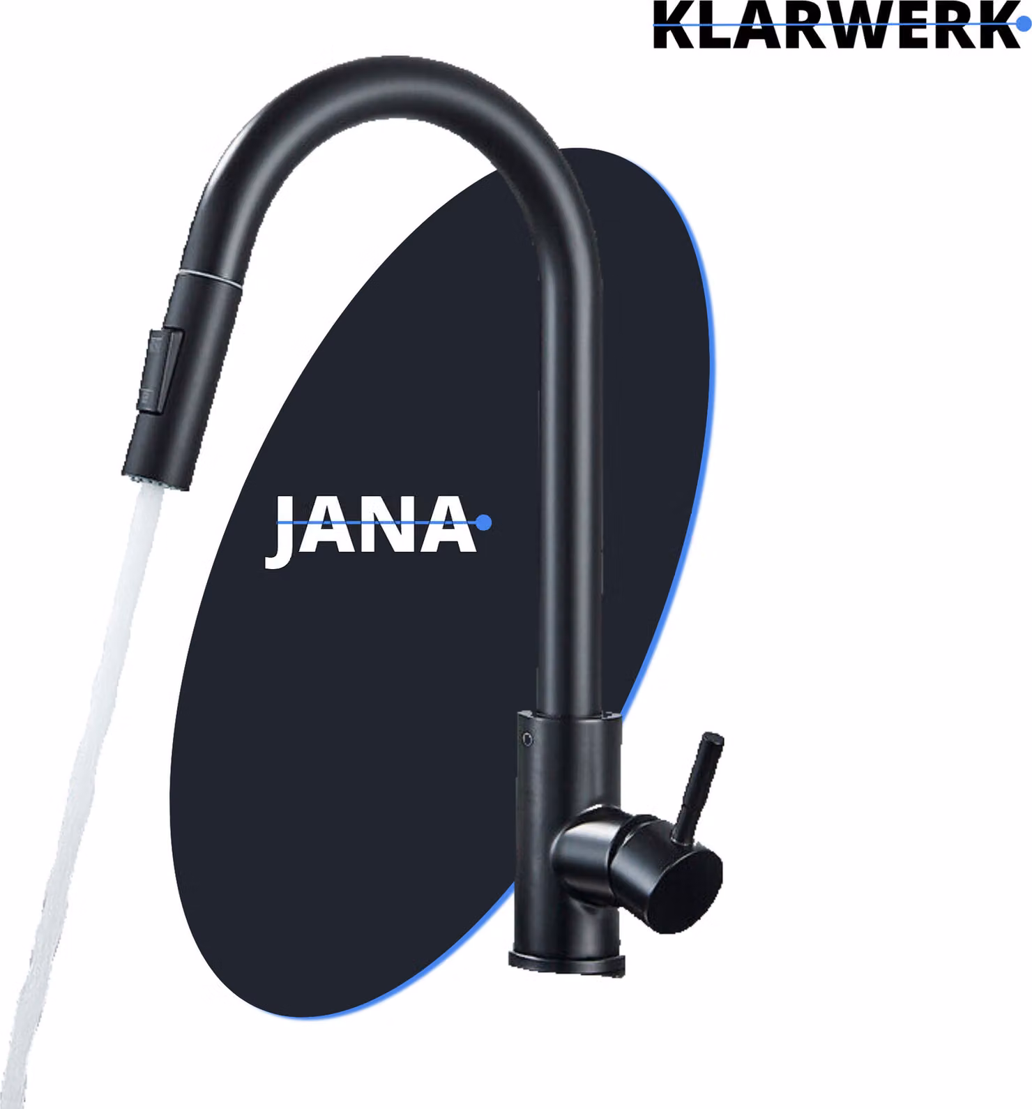 JANA | Miscelatore estraibile da cucina Premium in acciaio inox nero opaco | Miscelatore ad alto arco | Rubinetto gastro ad alta pressione girevole a 360° 2 attacchi