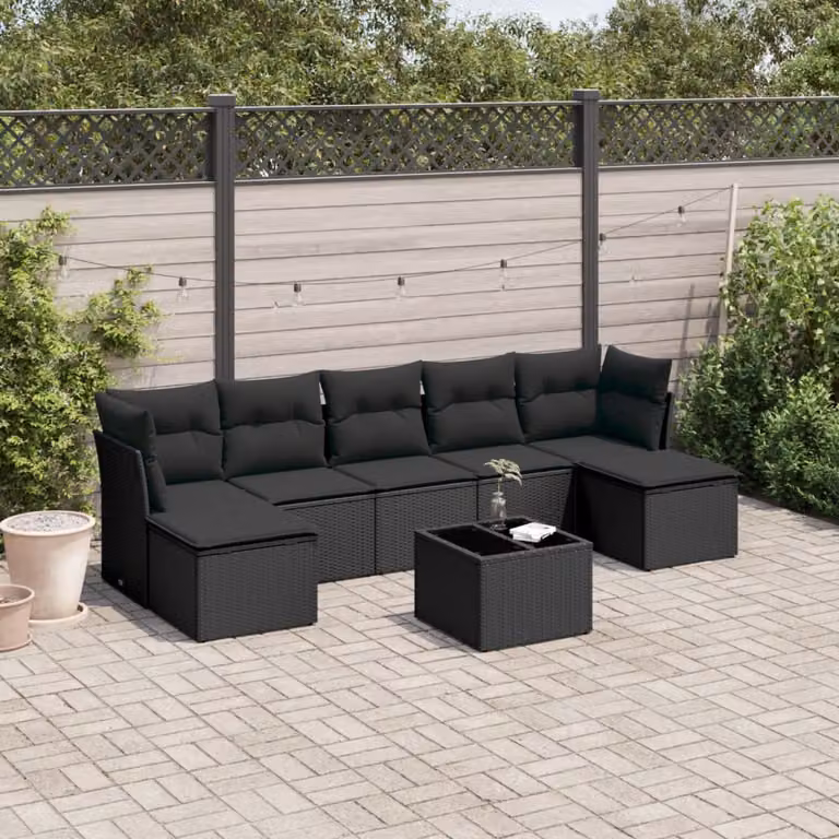 Set Divani da Giardino vidaXL in Polyrattan Nero con Cuscini e Tavolino da 8 Pezzi