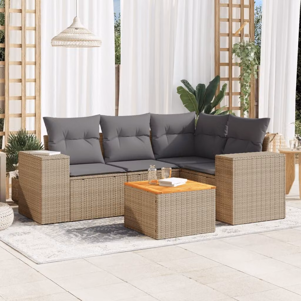 vidaXL Set Divano da Giardino a L 5 pz in Polyrattan con Cuscini Beige e Tavolino da Esterno