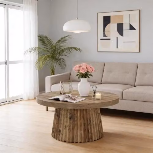 Tavolino basso rotondo OKWISH in MDF marrone con base a colonna centrale, stile moderno per soggiorno, Diametro: 80 cm – 2