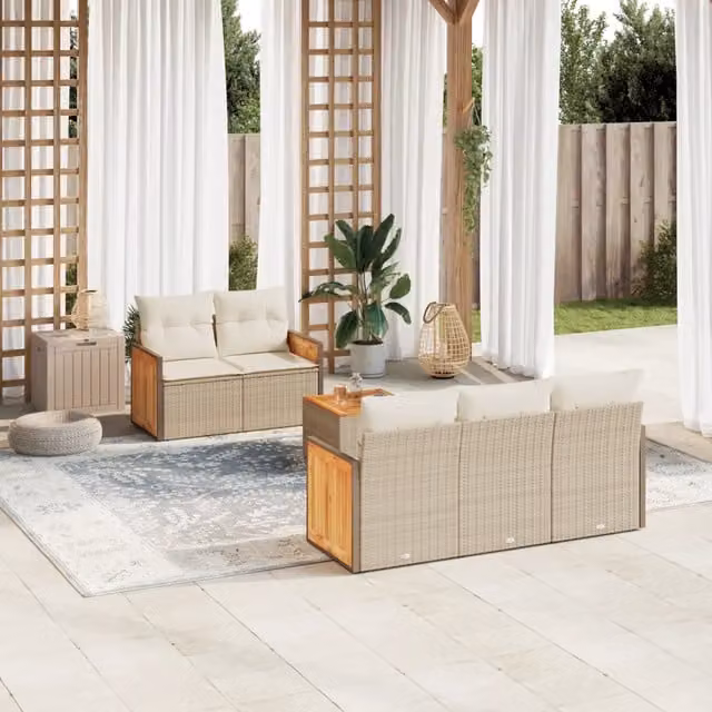 Set Divano da Giardino a L vidaXL da 6 Pezzi con Cuscini Beige e Tavolino, Design Moderno in Polyrattan e Legno di Acacia – 1