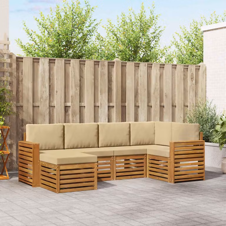 Set di divani da esterno vidaXL a forma di L composto da 6 pezzi in legno di acacia con cuscini beige e marrone
