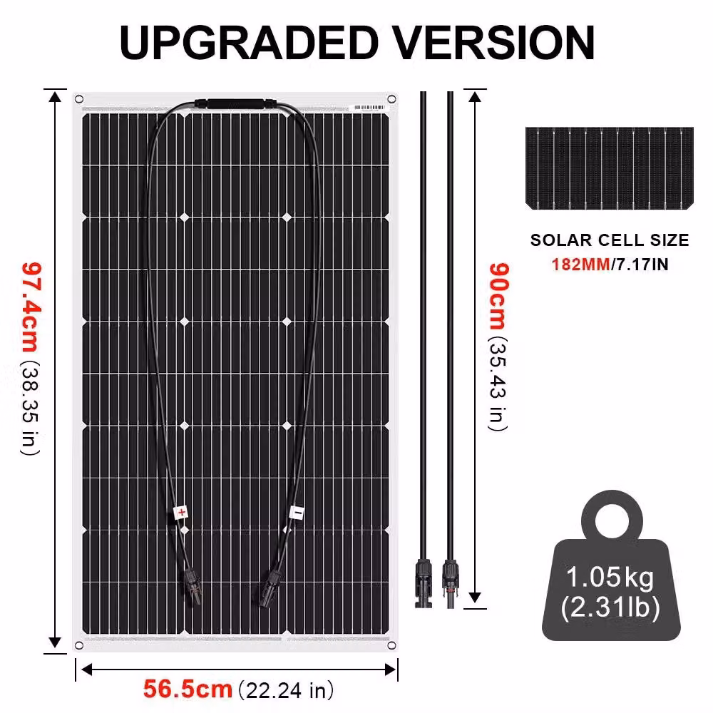 Pannello solare flessibile – Pannello solare semi-flessibile – Pannello solare portatile – Pannello solare leggero – Potenza: 100 Watt – Grado di protezione IP65 (resistente all'acqua)