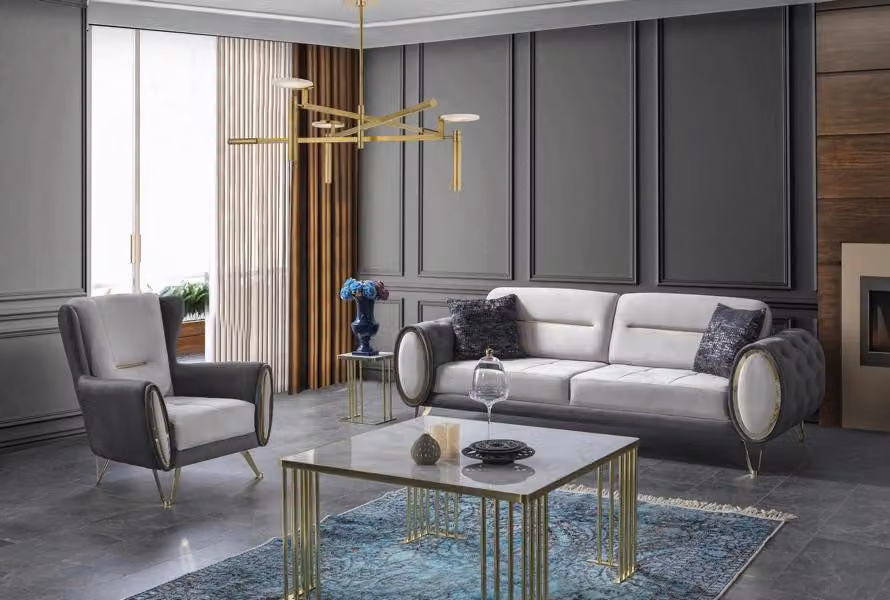 Polstersofa Garnitur Sofagarnitur Dreisitzer Sessel Stoff Sofa Grau sofas
