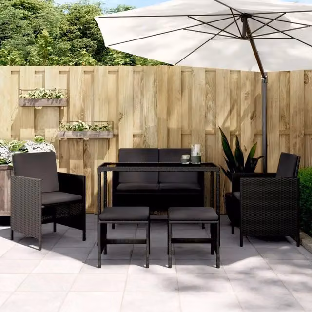Set da Pranzo da Giardino 6 pz con Cuscini Nero in Polyrattan 363398