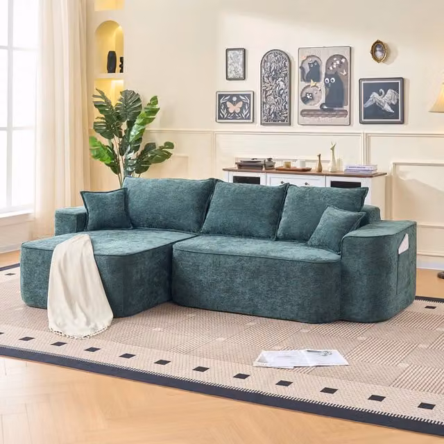 Divano angolare a L 262x144x65 cm; divano modulare con chaise longue; seduta profonda; consegnato montato; ciniglia; verde