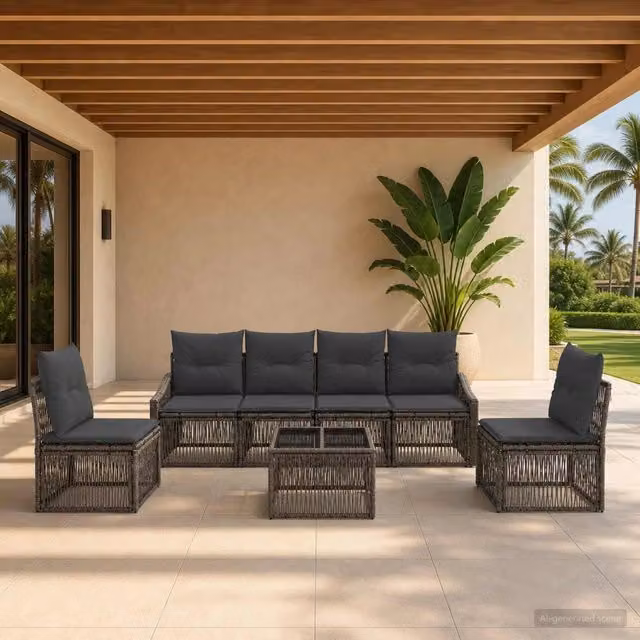 Set Divano da Giardino vidaXL 7 Pezzi in Polyrattan Grigio con Tavolino e Cuscini