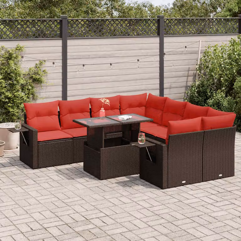 Set Divano da Giardino vidaXL 9 Pezzi in Polyrattan Marrone con Cuscini e Tavolino da Esterno a Forma di L